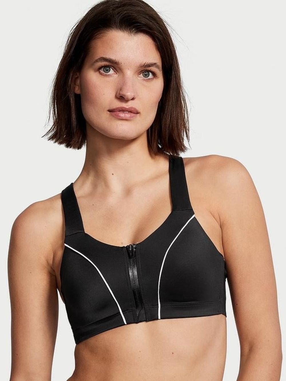 Black Knockout Front-Zip Sports Bra with Contrast Piping - Picture 4 of 16